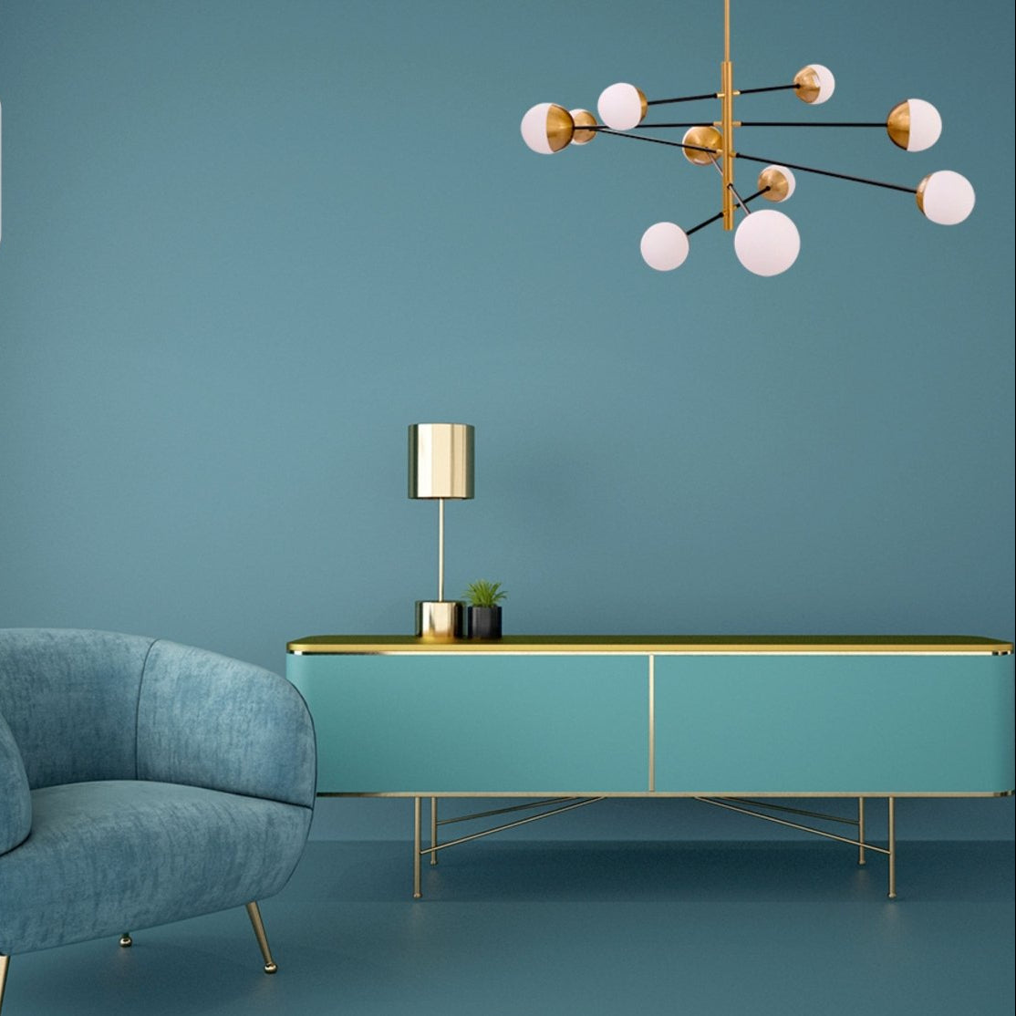 Gold 10 Opal Globe Nordic Chandelier installed in modern UK home interior with warm LED glow, contemporary lighting design