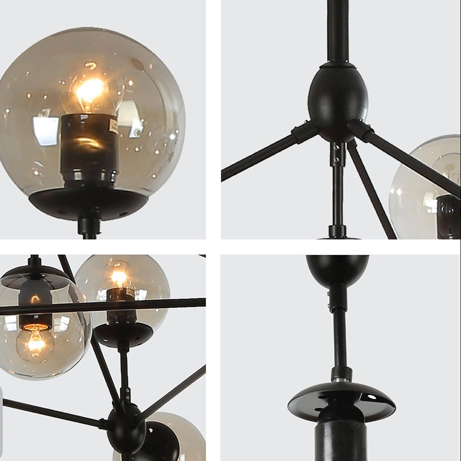 Close up detail of black 10 Amber Globe Molecule Chandelier showing premium finish, material texture and bulb fitting