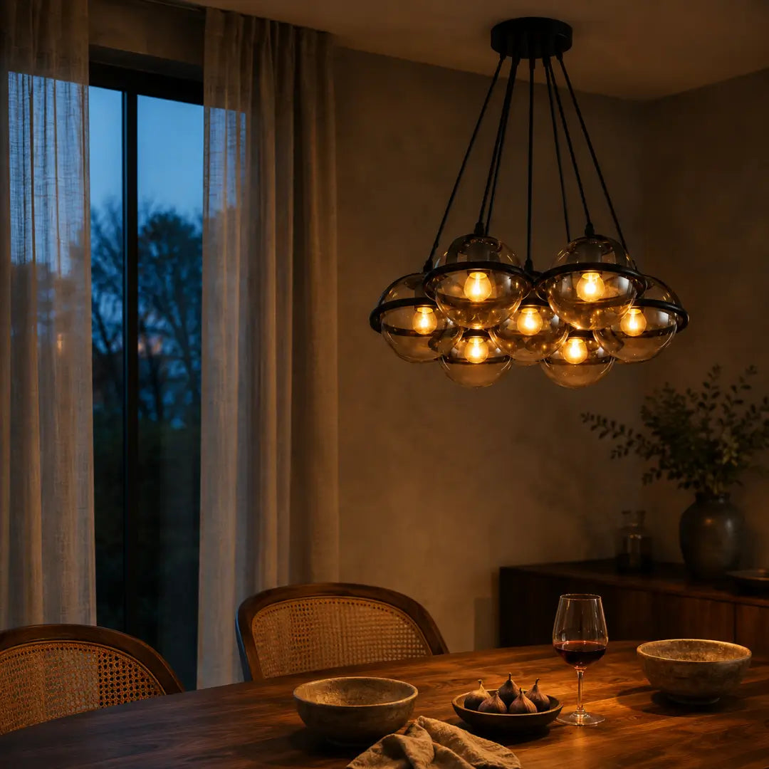 Dining room at dusk with an amber glass cluster pendant over the table