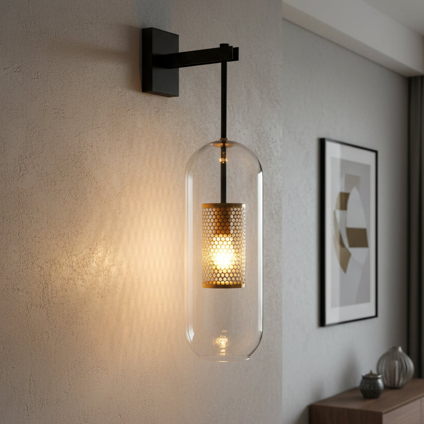 Black Cylinder Cage Wall Light front view showing complete design, finish and proportions