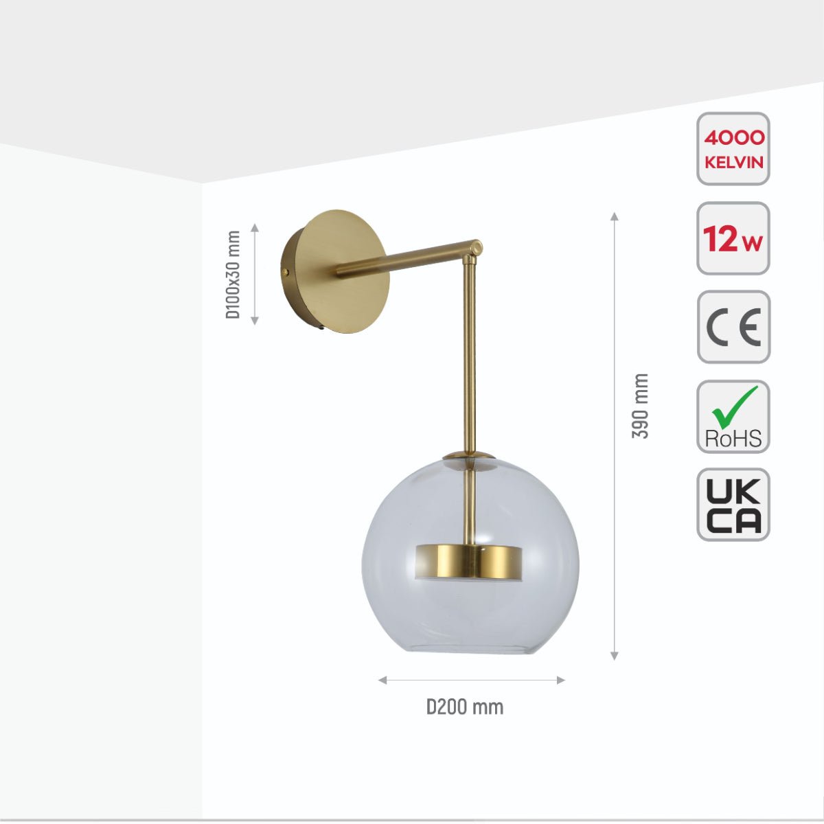 Clear Globe L Arm Wall Light dimensions diagram with precise millimeter measurements and product specifications