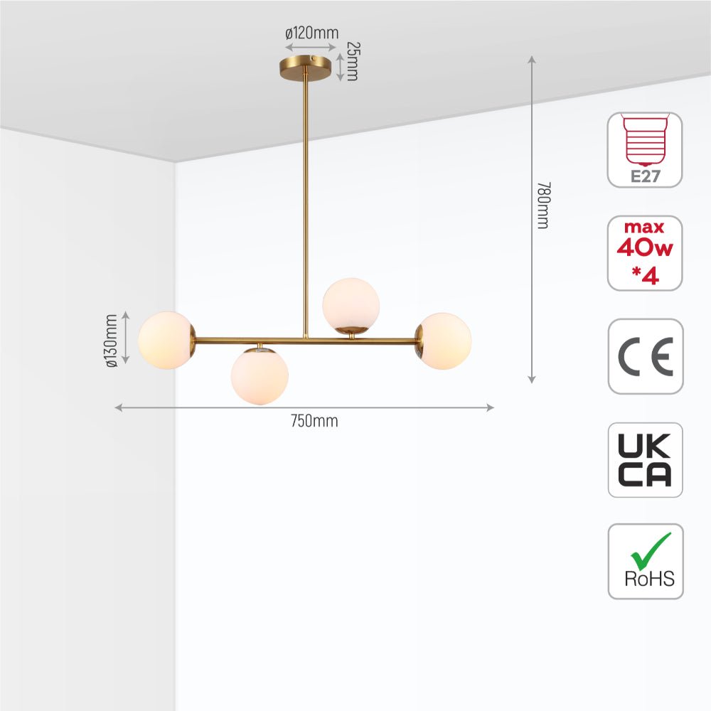 4 Opal Globe Cluster Ceiling Light dimensions diagram with precise millimeter measurements and product specifications