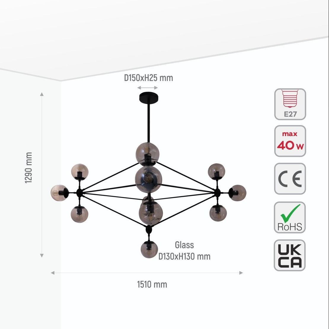 10 Amber Globe Molecule Chandelier dimensions diagram with precise millimeter measurements and product specifications