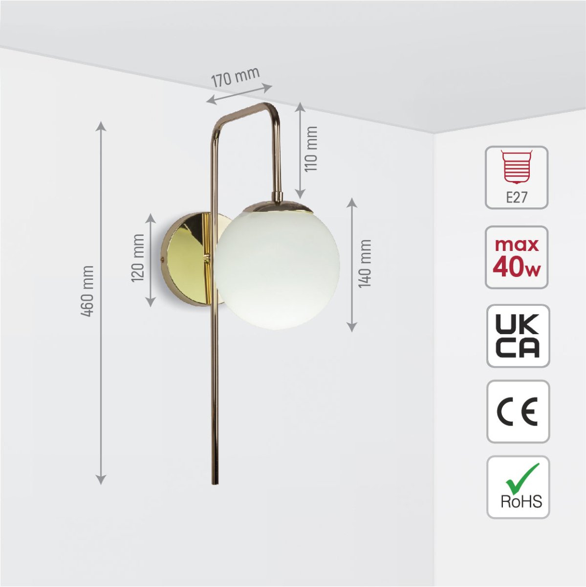 Opal Globe Bedside Wall Light dimensions diagram with precise millimeter measurements and product specifications