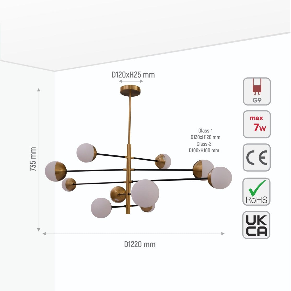 10 Opal Globe Nordic Chandelier dimensions diagram with precise millimeter measurements and product specifications