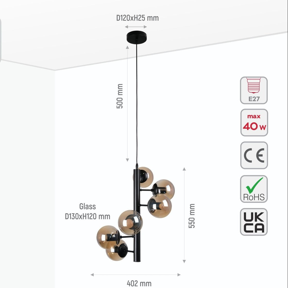 Spiral 6 Globe Sputnik Chandelier dimensions diagram with precise millimeter measurements and product specifications