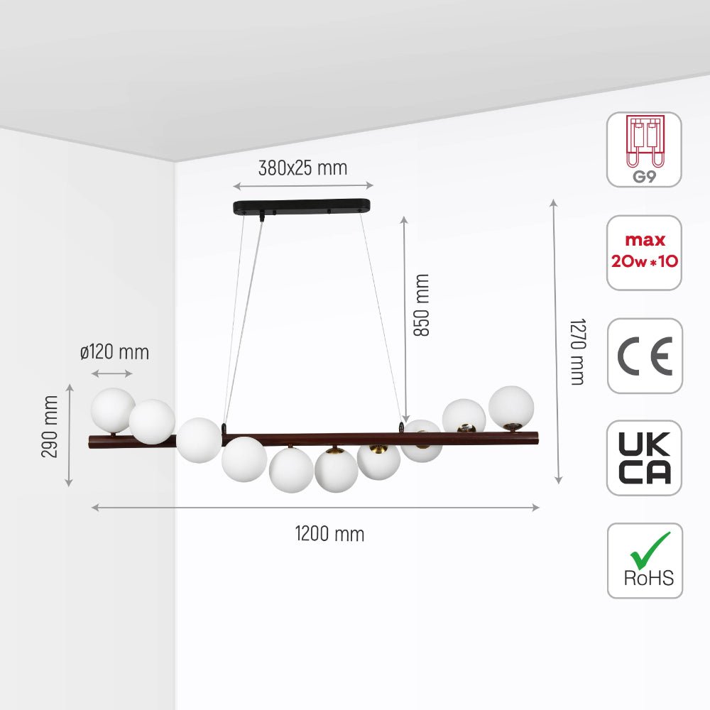 10 Opal Globe Linear Bar Chandelier dimensions diagram with precise millimeter measurements and product specifications