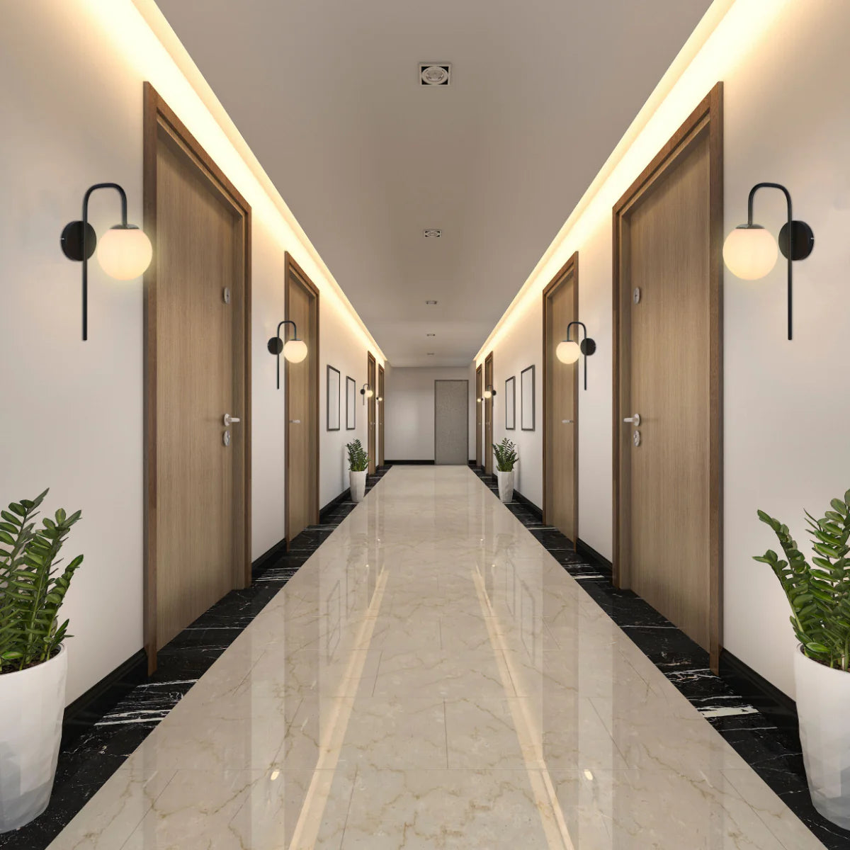Black Opal Globe Bedside Wall Light installed in hospitality interior with warm LED glow, contemporary lighting design