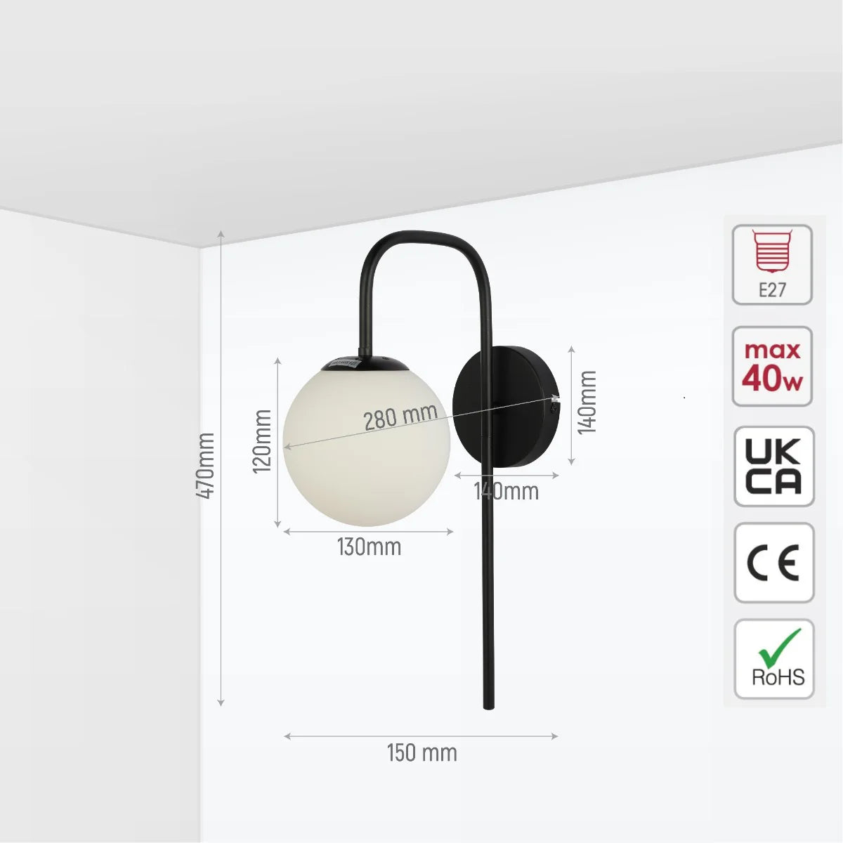 Opal Globe Bedside Wall Light dimensions diagram with precise millimeter measurements and product specifications