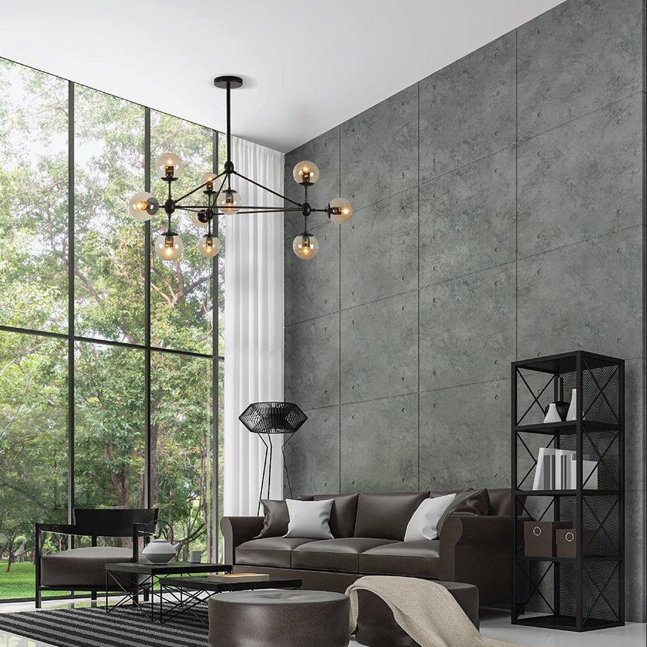 Black 10 Amber Globe Molecule Chandelier installed in modern UK home interior with warm LED glow, contemporary lighting design