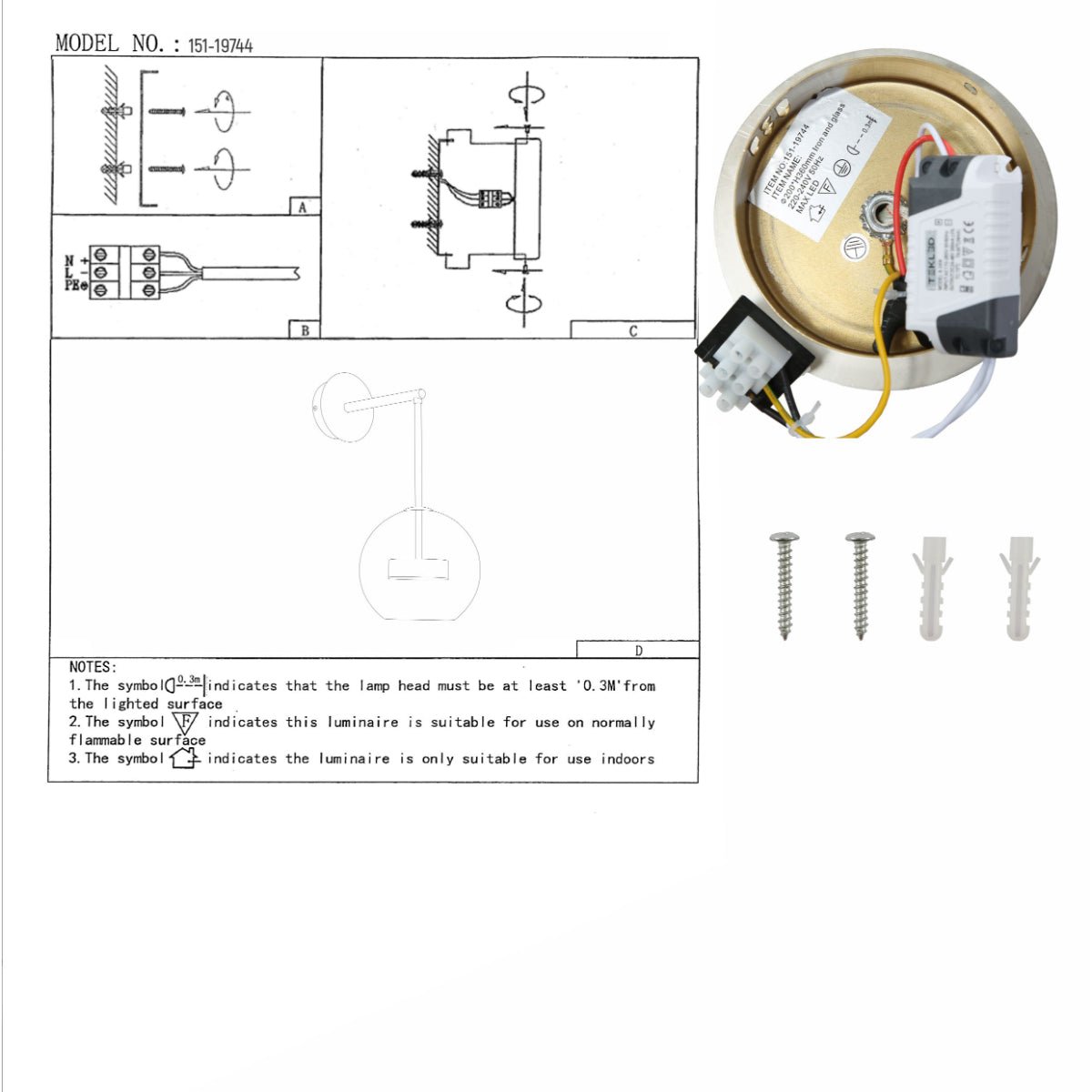 Clear Globe L Arm Wall Light installation diagram showing assembly and wiring instructions