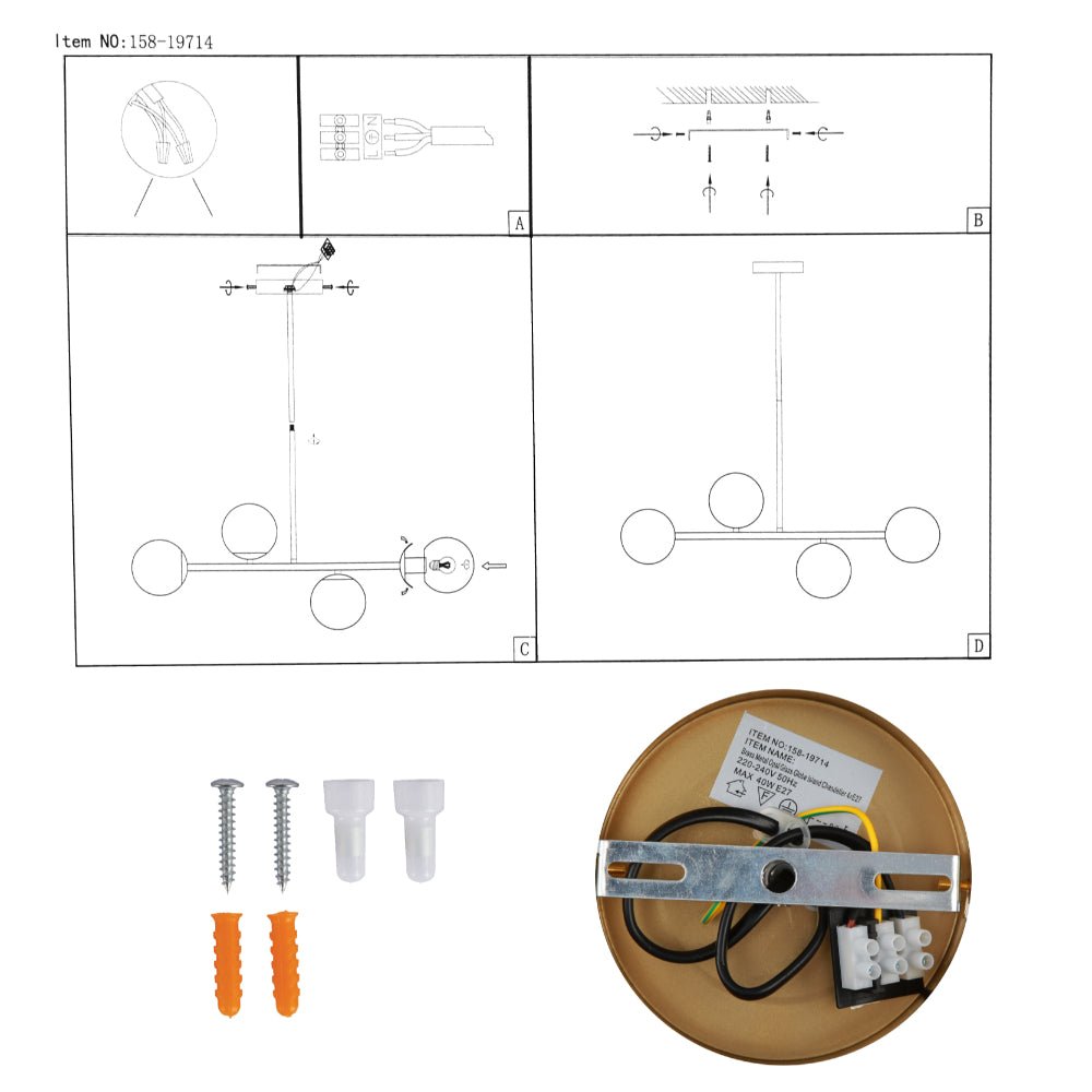 4 Opal Globe Cluster Ceiling Light installation diagram showing assembly and wiring instructions