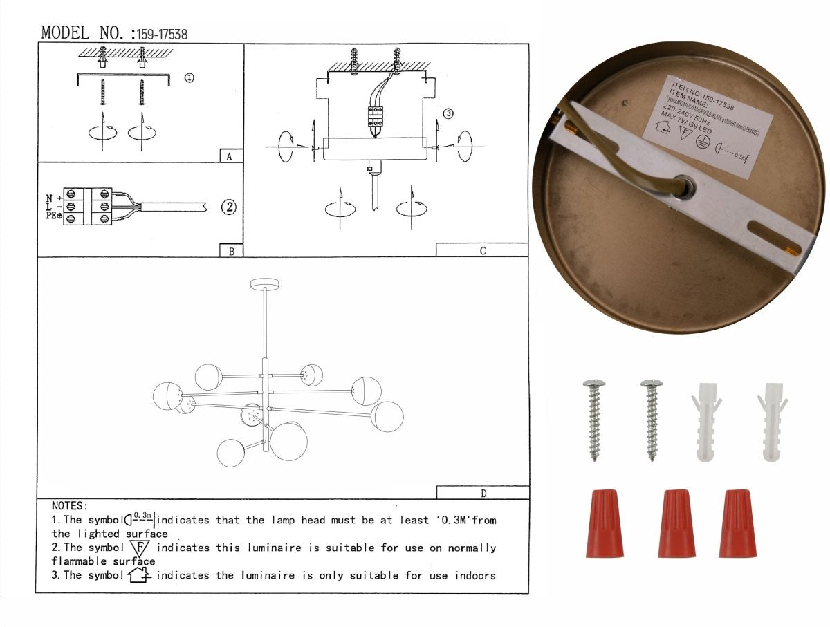 10 Opal Globe Nordic Chandelier installation diagram showing assembly and wiring instructions