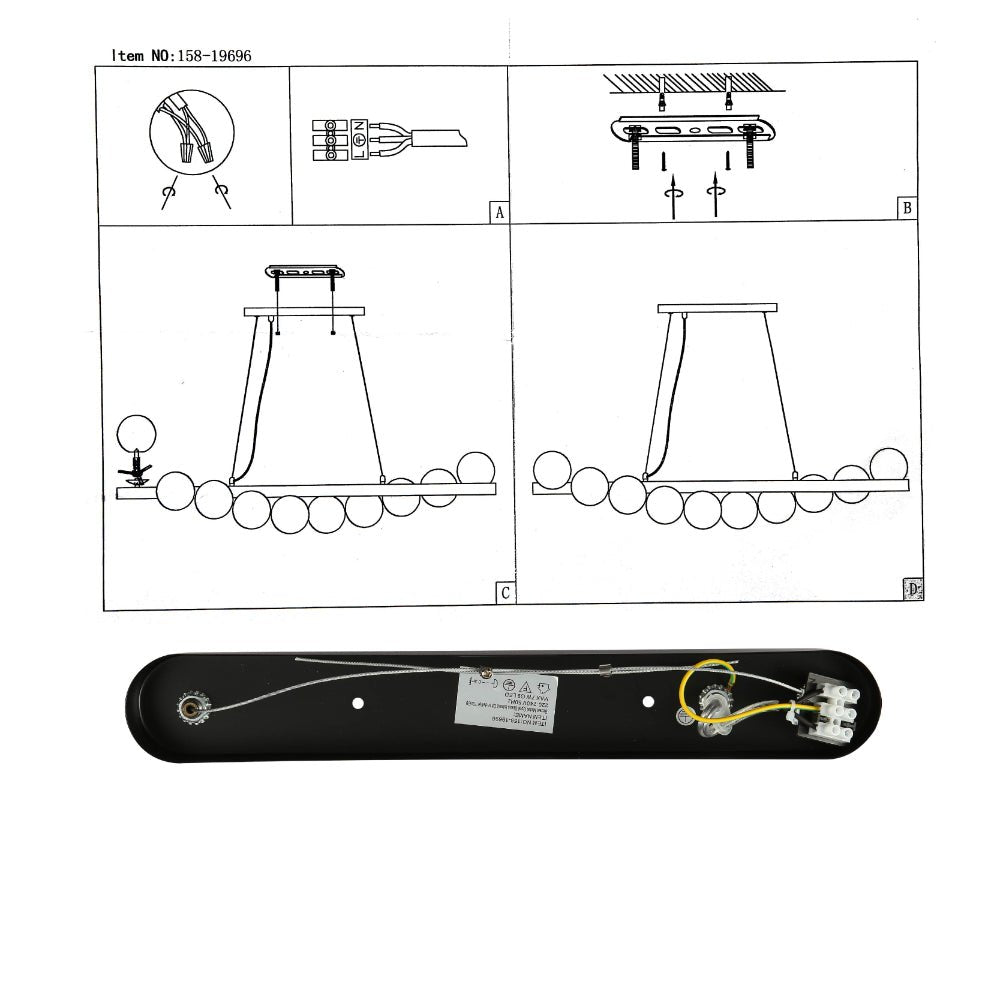 10 Opal Globe Linear Bar Chandelier installation diagram showing assembly and wiring instructions